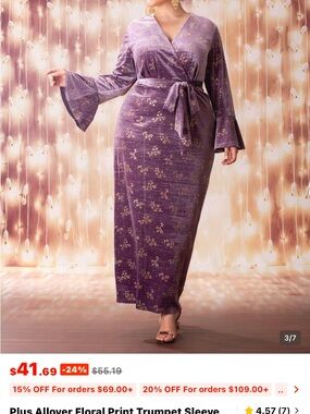 NOTE: DRESS HAS NO Belt. Plus Size Purple Floral Wrap Maxi Dress with Belt